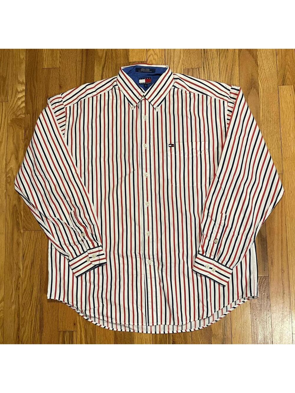 Vintage Tommy Hilfiger Striped Button Up LS Shirt red blue Mens L MADE IN SAIPAN